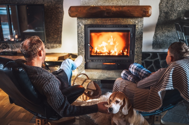 Father and son sitting in front of fireplace, enjoying their winter indoor air quality. Taylor Gas Heating Air blog image.